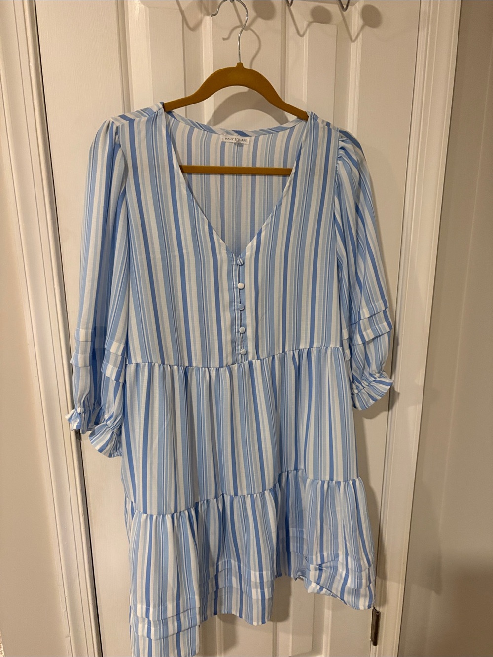 Striped Light Blue Tiered V-Neck Midi Dress
